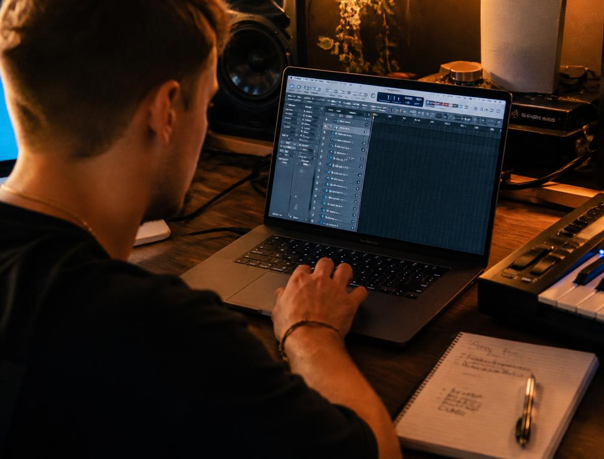 Producer setting up a DAW session on a laptop in a warm home studio.
