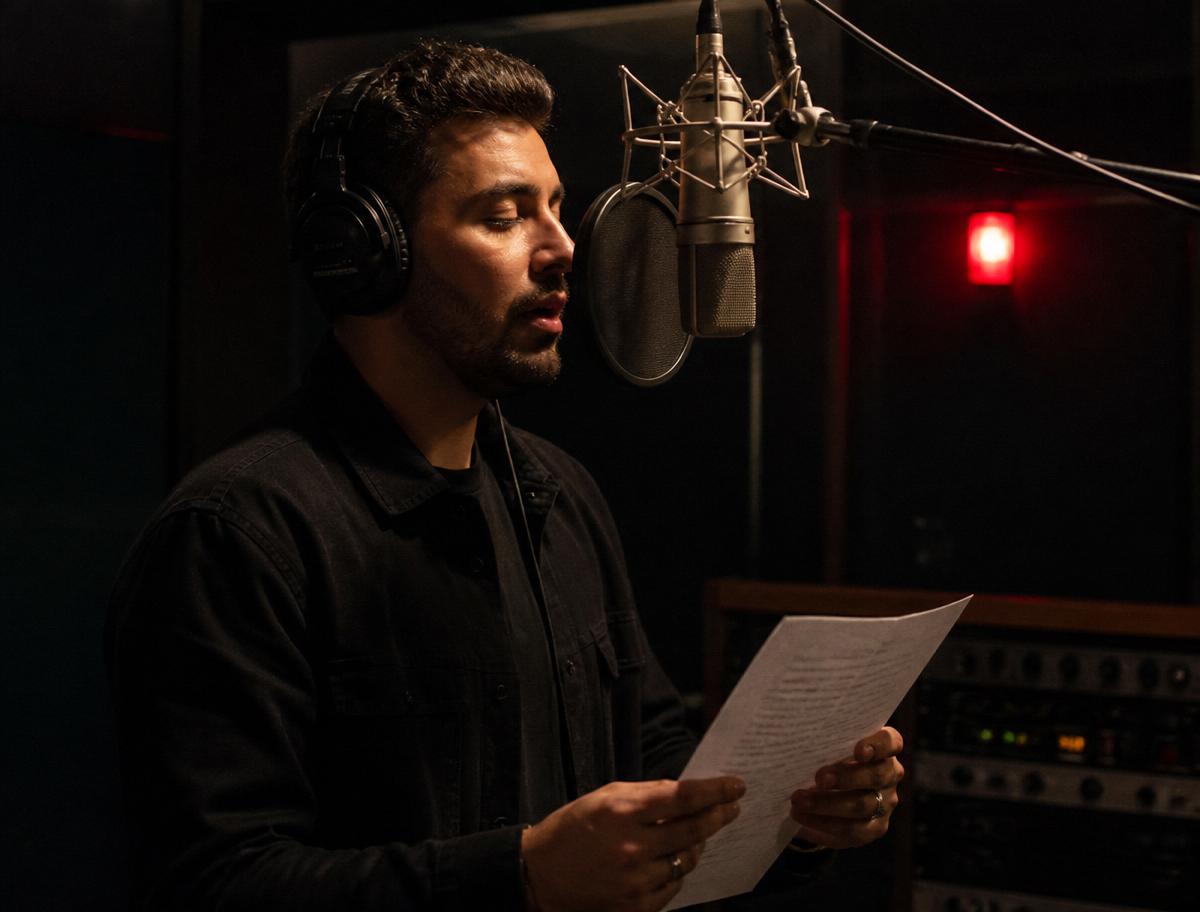 Vocalist tracking in a professional studio booth on a large diaphragm condenser microphone.