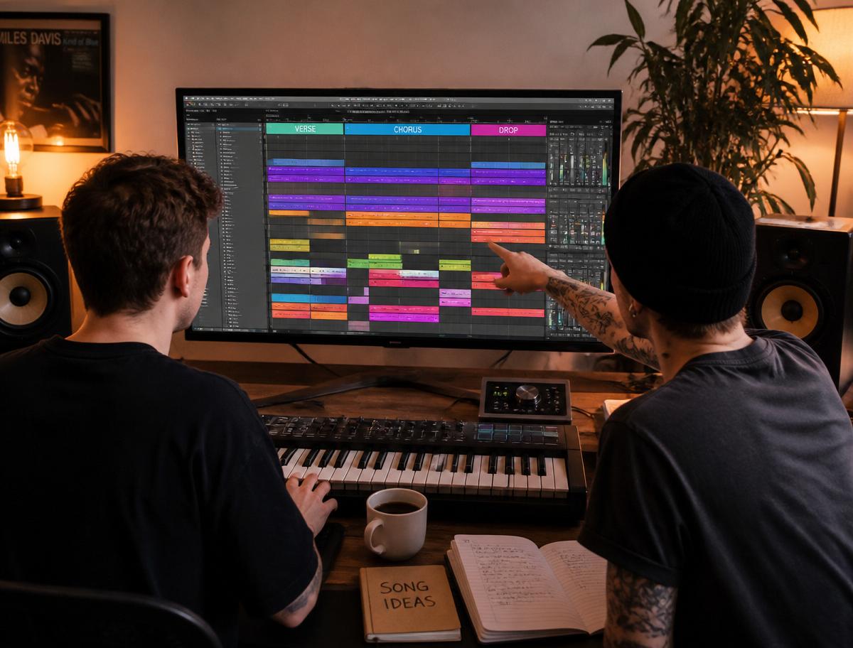 Two songwriters arranging a track on a colourful DAW timeline with verse, chorus and drop sections.