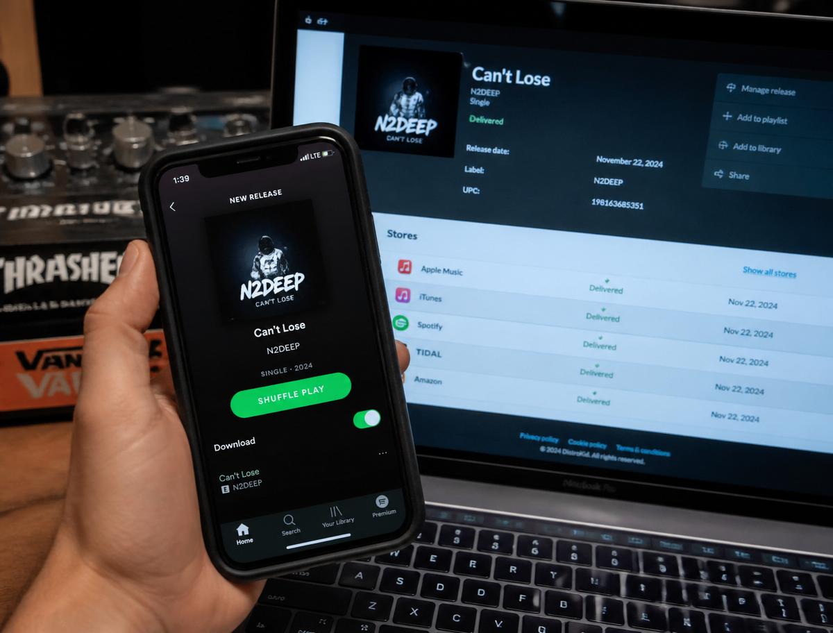 Phone and laptop showing a music distribution dashboard and release artwork.